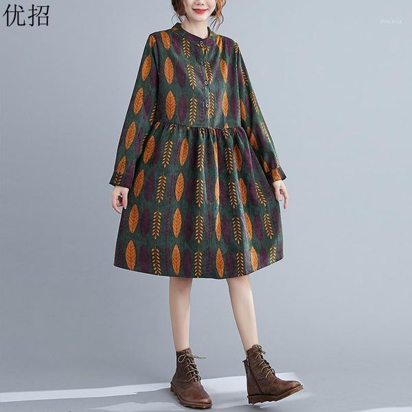 

autumn winter loose dress women plus size one piece korea printed pattern corduroy mid long dresses robe femme 2021 casual, Black;gray