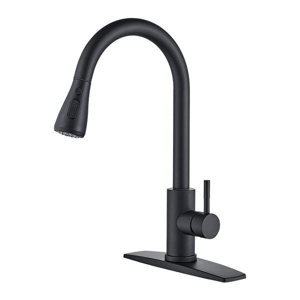 

matte black finish kitchen sink faucet pull out sprayer deck mount mixer tap swivel spout water