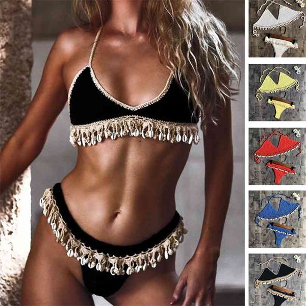 Tığ Bikini Set Shell Püsküller Brezilyalı Mayo Kadın Halter Mayo Strappy S Bedava 210712