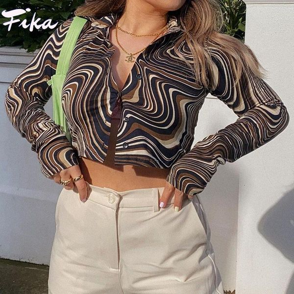 

women's t-shirt fika women flower printed collar shirt long sleeve crop streetwear button up short brown t shirts 2021, White