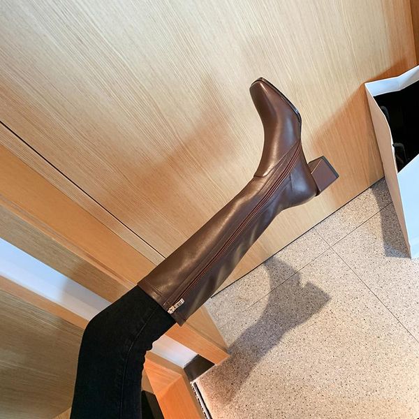 

boots magical2021 brown knee length, leather square head, thin, thi, soft leather, white boots, women's, Black