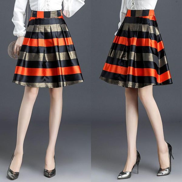 

skirts 2021 spring summer women high waist striped printed pleated midi skirt horizontal block stripe geometric print saias t300, Black