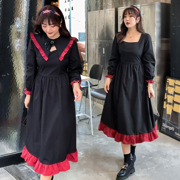 

casual dresses spring autumn women's lolita temperament plus size detachable collar color contrast a324, Black;gray