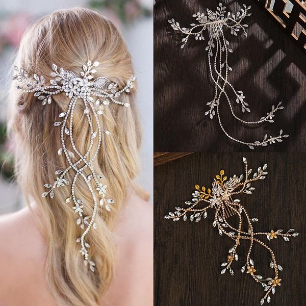 

hair clips & barrettes luxury gold silver color tiaras comb crystal flower rhinestone long floral headband princess crown wedding accessorie, Golden;silver