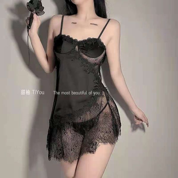 

women's fun underwear lace pajamas striped large size nightdress, Black;white