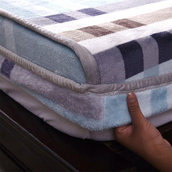 

sheets & sets thickened flannel fitted sheet stripe print double-sided velvet mattress cover winter bedding cotton bed and cases