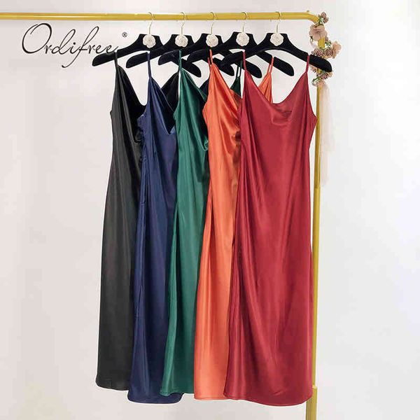 

summer women satin party spaghetti strap vintage loose silk slip dress 210415, Black;gray