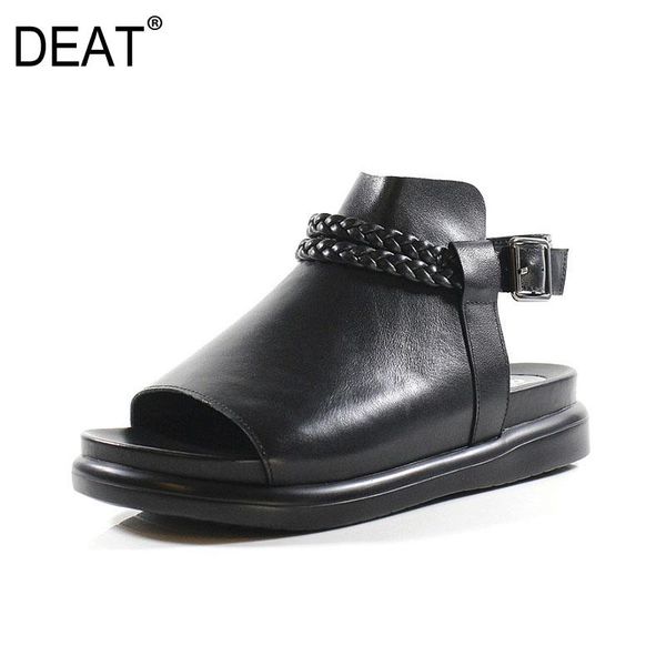 

dress shoes [deat] 2021 spring summer round toe belt buckle black genuine leather weave sandals for women fashion tide 10g308