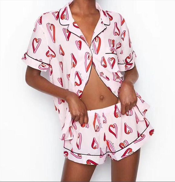 

summer short pajamas pink heart womens sleepwears satin silk lounge wear two piece pjs ladies fashion night suits, Black;red