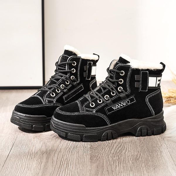 

boots 2021 women's ankle plus velvet winter women snow black sports casual shoes lace-up round toe flat heels