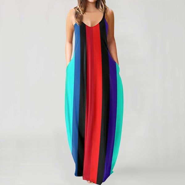 

plus size summer dresses women tank o neck striped print sleeveless pullover long deep v vestidos g5, White