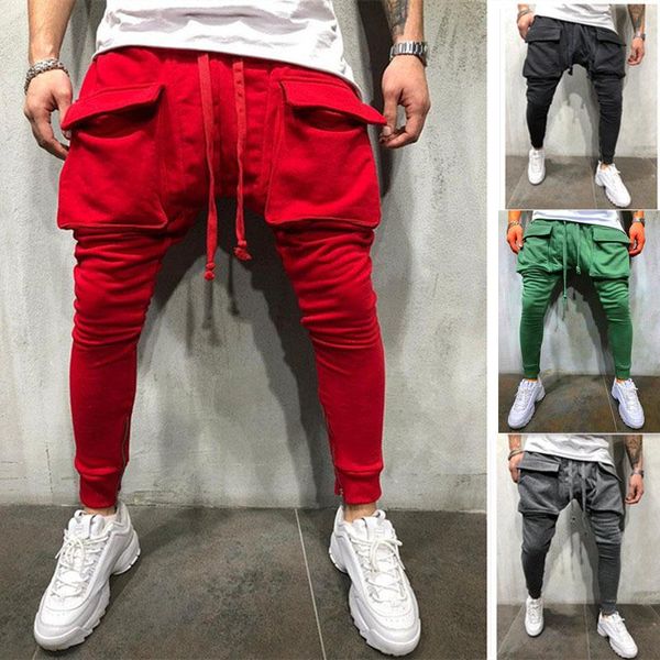 

men's pants 2021 leisure sports style fitness with large pocket zipper trousers jogging multi colors, Black