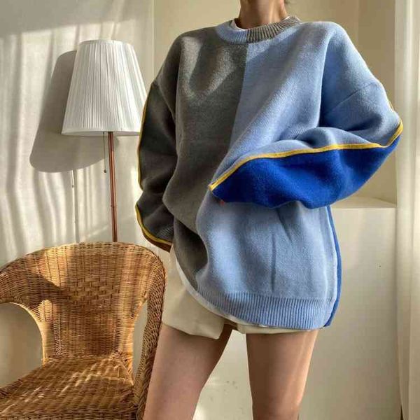 

women's sweaters new fashion temperament age reduction four-color stitching loose round neck pullover lantern long sleeve sweater, White;black