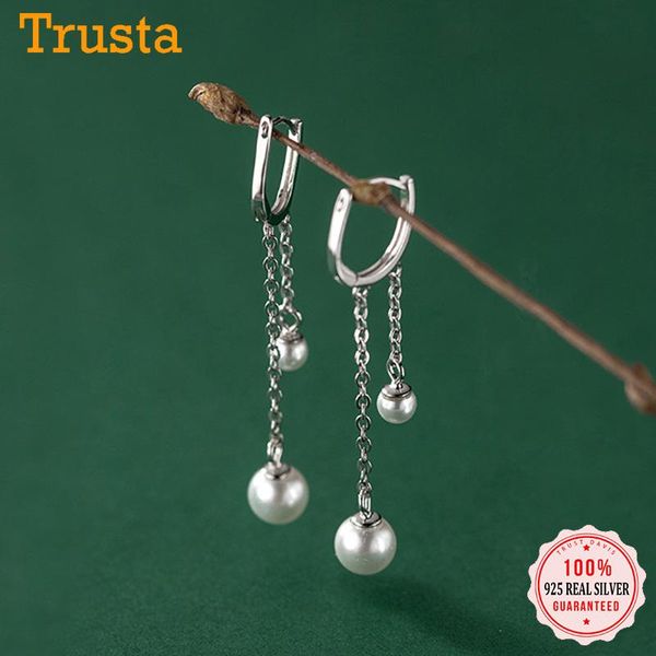 

hoop & huggie trustdavis real 925 sterling silver earrings linked chain manmade pearls gift for women wedding party fine jewelry ds3002, Golden;silver