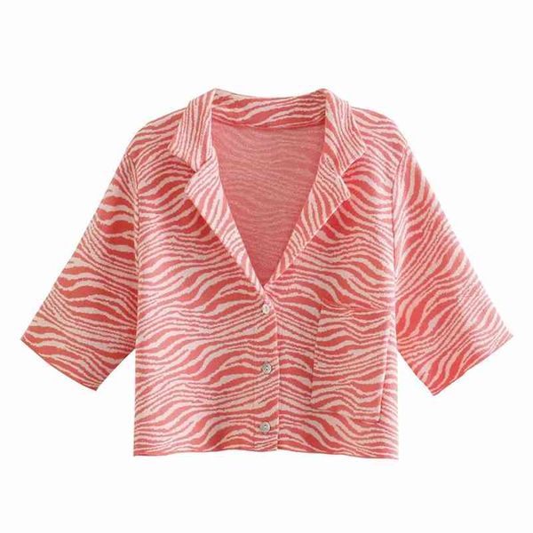 Casual Mulheres V Neck Blusa Verão Moda Senhoras High Street Doce Camisa Feminino Impresso Jacquard Cropped Top 210515