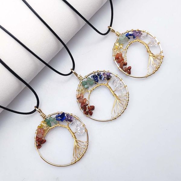 

50mm healing natural stone wire wrap tree of life pendant seven chakra necklace lapis lazuli crystal agate for necklaces women reiki jewelry, Silver