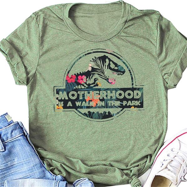 

motherhood is a walk in women t shirts the park letter harajuku print shirt cute dinosaur head graphic female, White