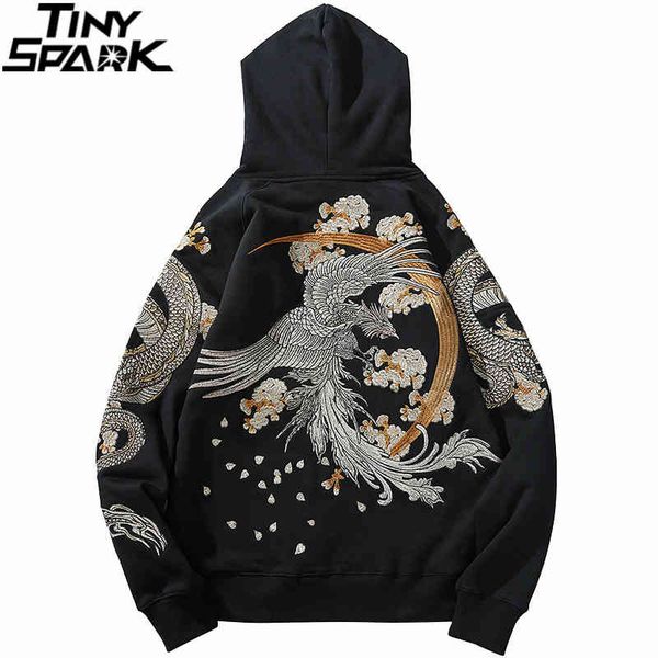 

mens hip hop streetwear hoodie chine style dragon phoenix embroidery pullover 2021 new autumn cotton fce floral sweatshirt, Black