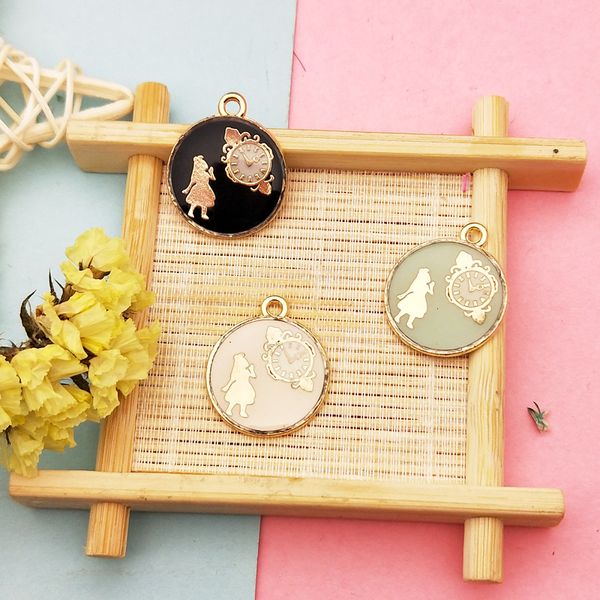 

10pcs alice girl clock enamel charms round metal pendants diy bracelet necklace earring floating for jewelry finding accessory, Bronze;silver