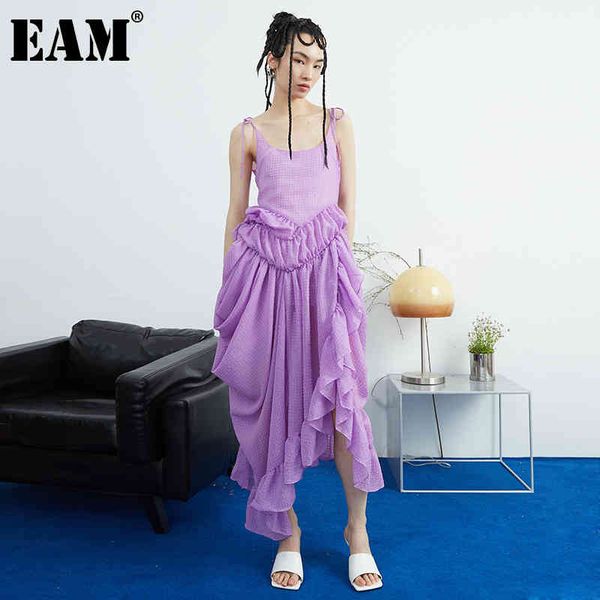 

[eam] women purple ruffles backless slit slim dress round neck sleeveless loose fit fashion spring summer 1dd7067 21512, Black;gray