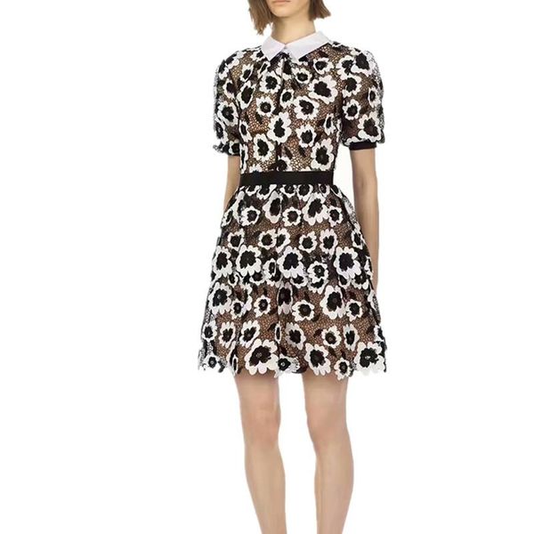 

casual dresses 2021 runway designer self portrait dress women's turn-down collar short sleeve floral embroidery patchwork lace, Black;gray