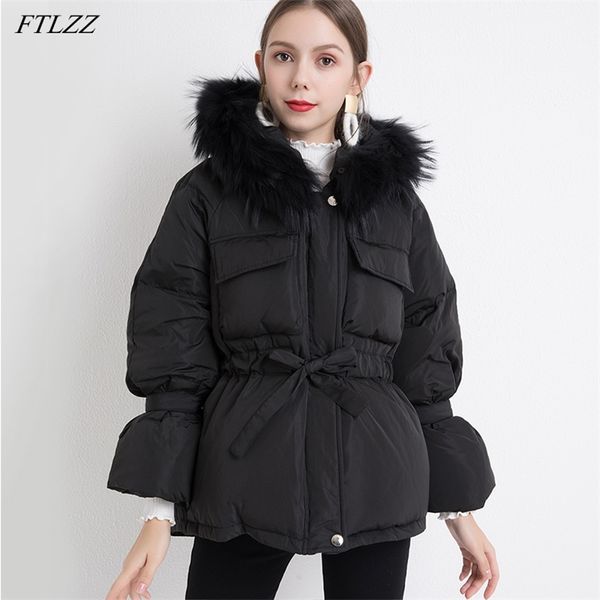 Winter Echte Große Natürliche Pelz Mit Kapuze Daunenjacke Frauen 90% Weiße Ente Mantel Taille Versenkbare Schnee Warme Dicke Outwear 210430