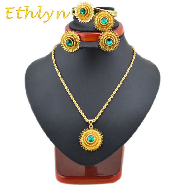 Ethlyn Etiyopya Takı Habesha Kolye Yüzük Bilezik Küpe Takı Altın Renk Taş Afrika Gelin Takı Setleri H1022