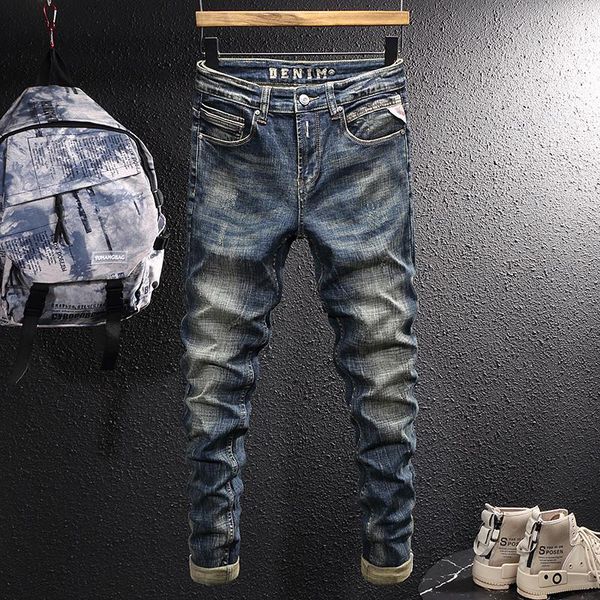 

men's jeans european vintage fashion men retro blue elastic slim ripped distressed designer casual denim pants