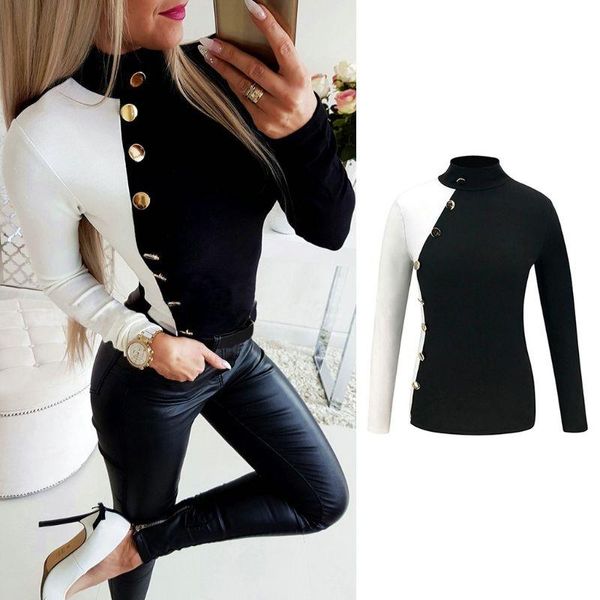 

women's sweaters women long sleeve buttons slim color block patchwork turtleneck t-shirts sweater, White;black