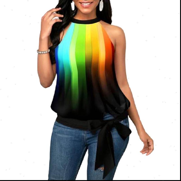 

3d women cami digital print sleeveless summer rainbow striped tank side bowknot big size hanging neck, White