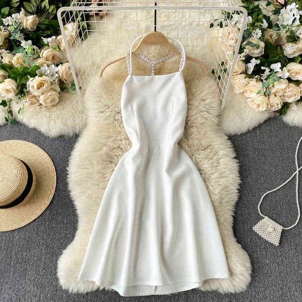 Verão Feminino Sexy Spaghetti Strap Strapless Mini Dress Elegante Mulheres Decoração Bead Backless Party Fada 210423