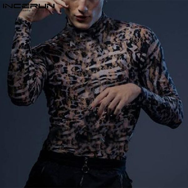 

men's t-shirts 2021 men casual t shirt mesh see through leopard print turtleneck long sleeve underwear streetwear camisetas inceru, White;black