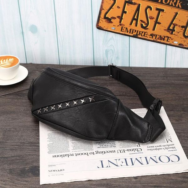 

black pu leather men fashion waist bag unique travel fanny pack male adjustable belt zipper bum bags