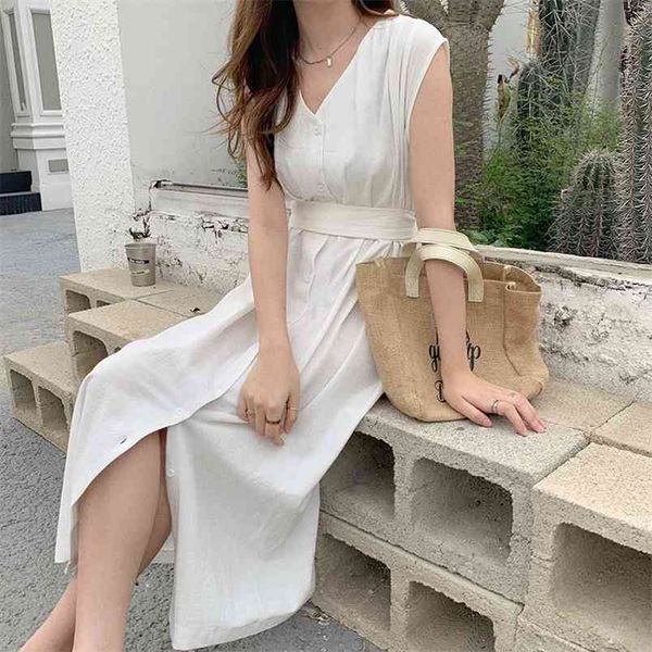 

korean summer dress women cotton simple v-neck high waist sleeveless casual temperament female es solid vestido 14021 210421, Black;gray
