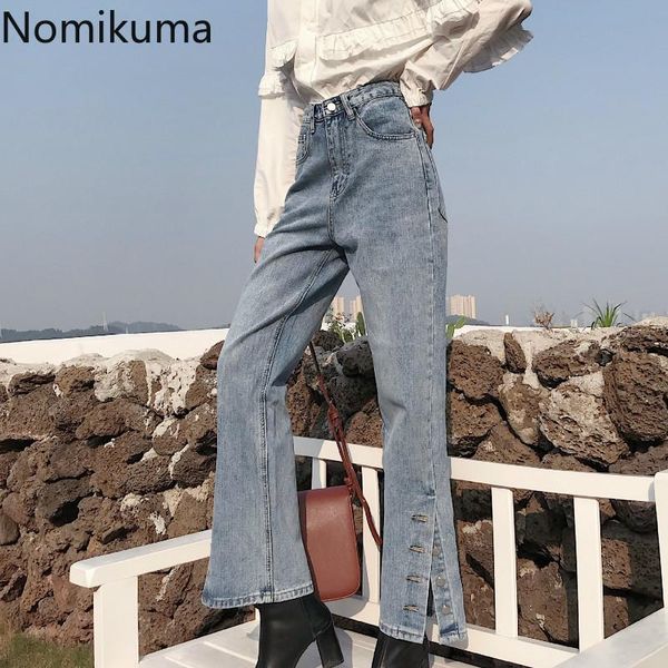 

women's jeans nomikuma high waist women solid color side split buttons design straight loose denim pants spring pantalones 3a280, Blue