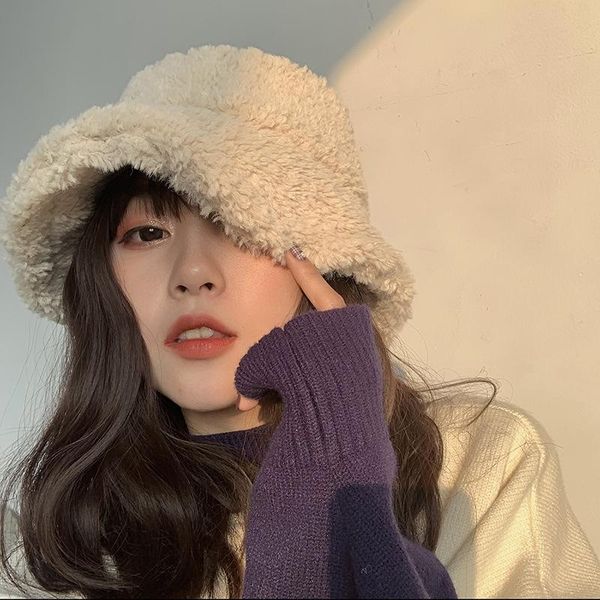 

berets luxury lamb wool faux women hat fur solid warm female winter girls bucket outdoor sun panama men's cap, Blue;gray