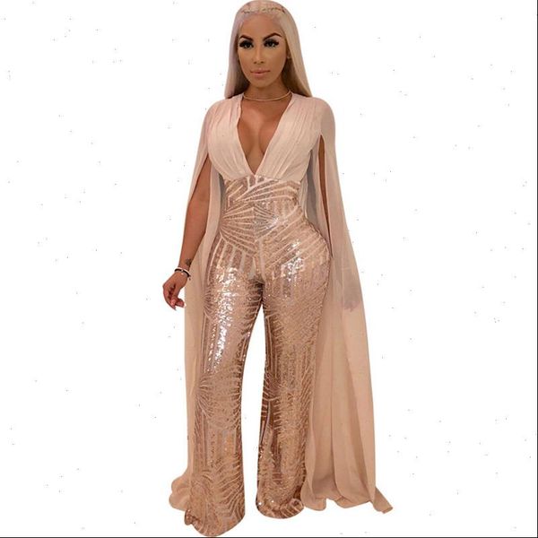 

womens jumpsuit women chiffon split long sleeve sequin v neck patchwork loose wide leg romper evening sparkly overalls, Black;white