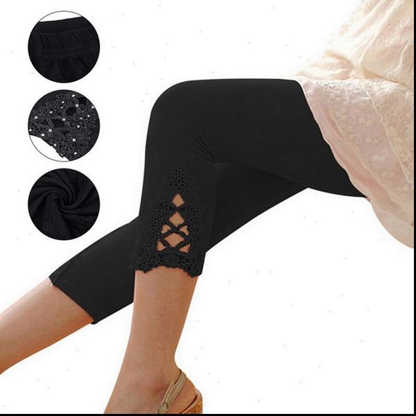 

3pcs women leggings set fashion womens lace modal pants summer crocheted skinny stretch cropped capri pant 3 4 length, Black