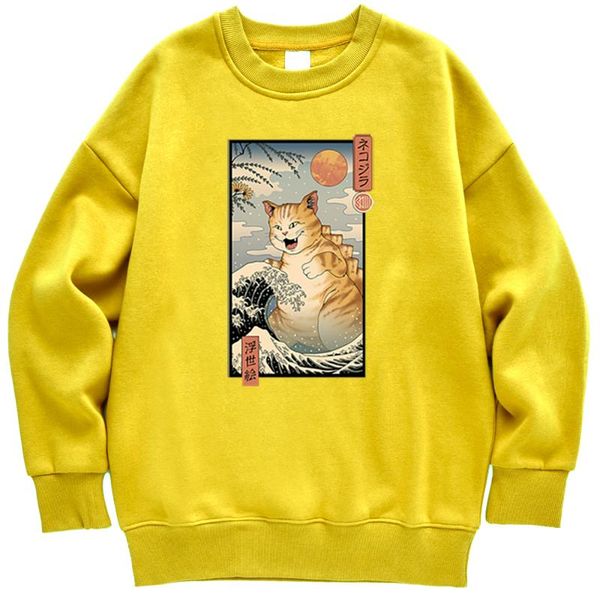 

women's hoodies & sweatshirts big fat cat and the wave ukiyo-e womens clothes loose autumn warm fleece sweatshirt street hoody female, Black