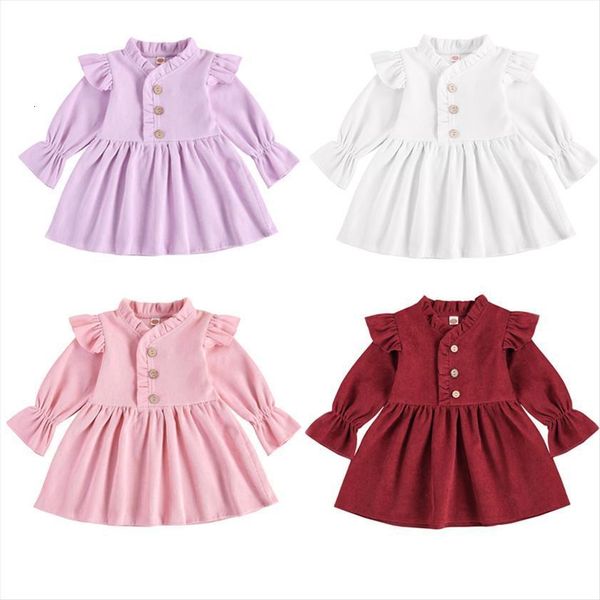 

princess baby girls 1 6y girl dress 4 colors solid ruffles long sleeve button knee length a line, Red;yellow