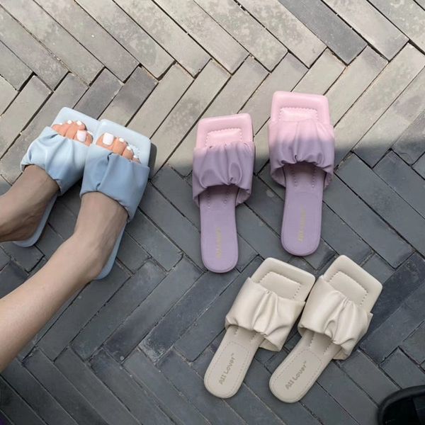 

slippers brand pleated soft sole square toe flat slides ladies summer beach flip flops sandals women outdoor slide h114, Black