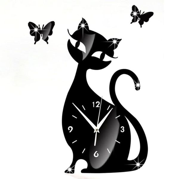 

wall clock cat mirror black modern design home decor watch clocks