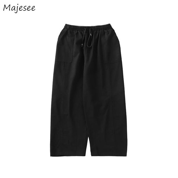 

men casual pants loose solid cargo male bottoms ankle-length elastic waist simple all-match wide leg teenager fashion men's, Black