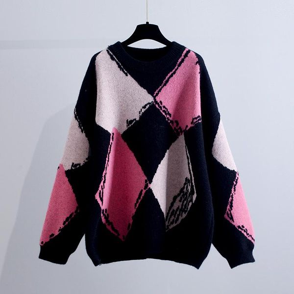 

women's sweaters argyle knitted women sweater pullovers autumn winter 2021 o-neck loose thicken warm female pulls outwear, White;black