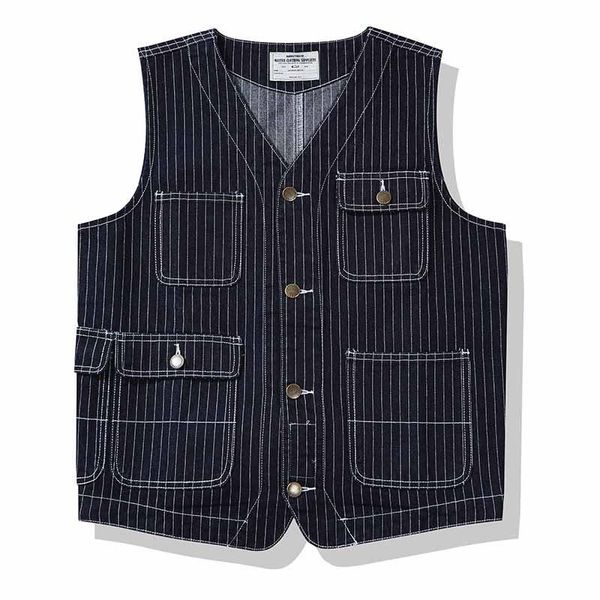 

mcikkny men striped cargo denim vest multi pockets biker vintage waistcoats for male sleeves jeans jackets men's vests, Black;white
