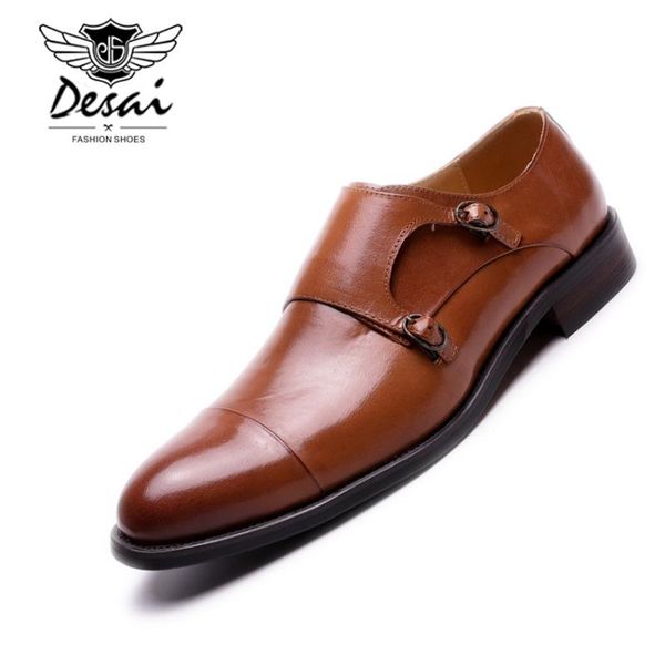 

desai men's monks shoes italian handmade calf waxed leather dress business bullock genuine awesome, Black