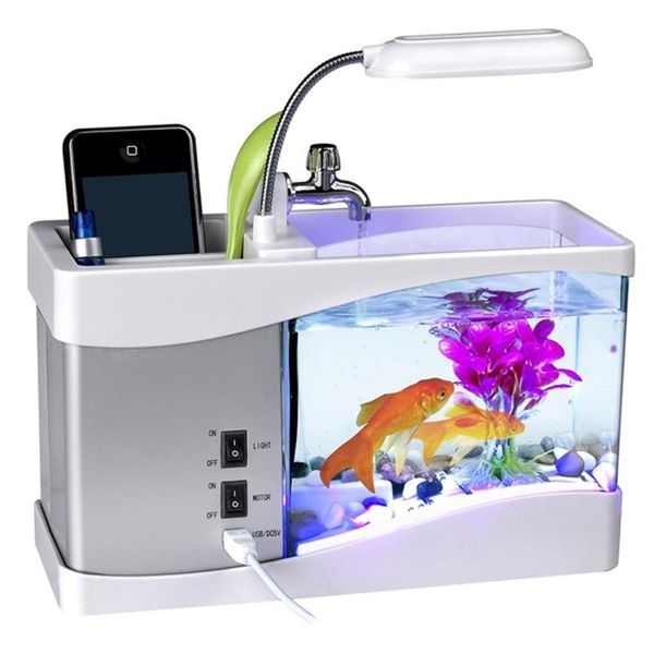 

aquariums mini aquarium fish tank with led lamp light pen holder deskusb tanks lcd display screen and clock