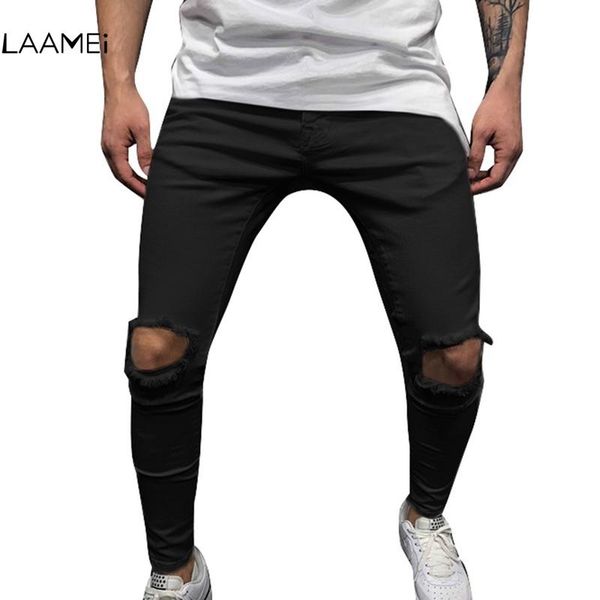 

men's pants 2021 male fashion streetwear hiphop slim solid color beggars hole men casual man trousers, Black