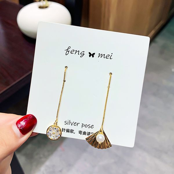 

925 silver needle advanced sense women's fashion zircon asymmetric chinese fan shaped pearl earrings