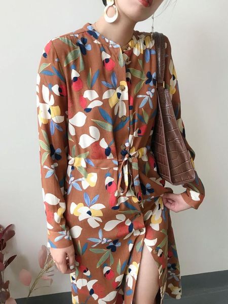 

vintage caramel color floral print women dress long sleeve mid calf spring autumn with sashes casual dresses, Black;gray